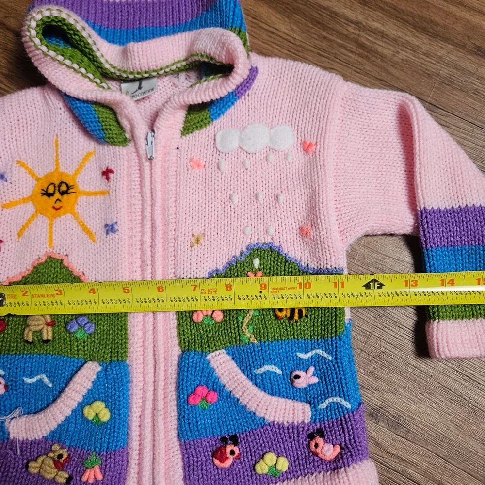 Vintage Grupo Condor Girls Knit Zip Hoodie 6-12M Llama Sun Hand Embroidered Peru